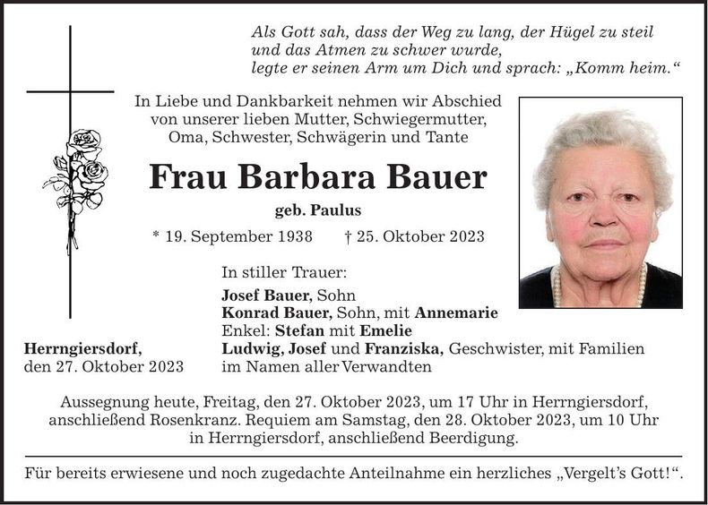 Traueranzeige Barbara Bauer