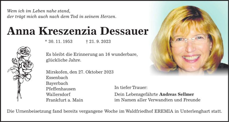Traueranzeige Anna Kreszenzia Dessauer