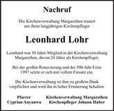 Traueranzeige Leonhard Lohr
