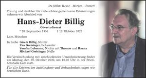 Traueranzeige Hans-Dieter Billig