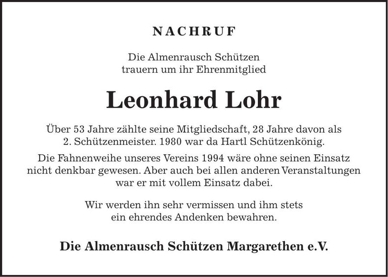 Traueranzeige Leonhard Lohr