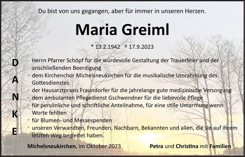 Traueranzeige Maria Greiml