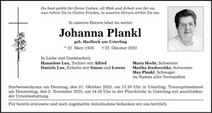 Traueranzeige Johanna Plankl