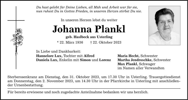 Traueranzeige Johanna Plankl