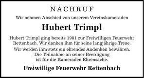 Traueranzeige Hubert Trimpl
