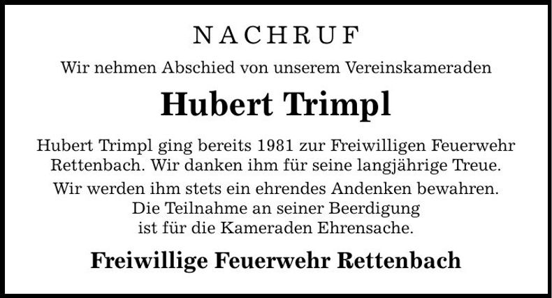 Traueranzeige Hubert Trimpl