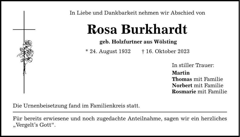 Traueranzeige Rosa Burkhardt