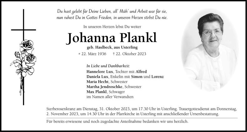 Traueranzeige Johanna Plankl