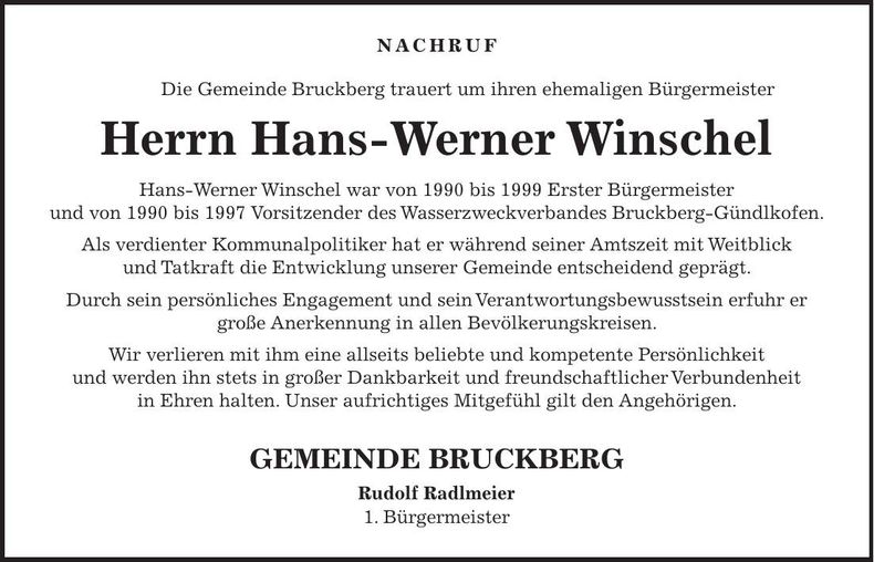 Traueranzeige Hans-Werner Winschel