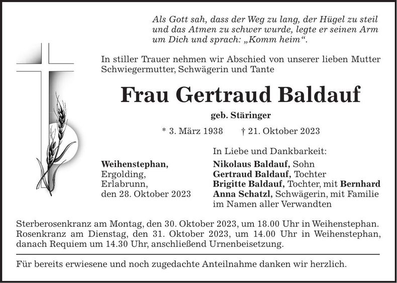 Traueranzeige Gertraud Baldauf
