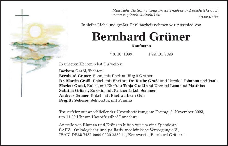 Traueranzeige Bernhard Grüner