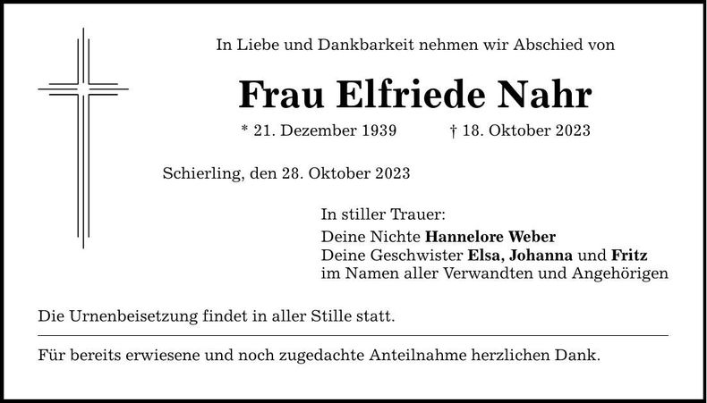Traueranzeige Elfriede Nahr
