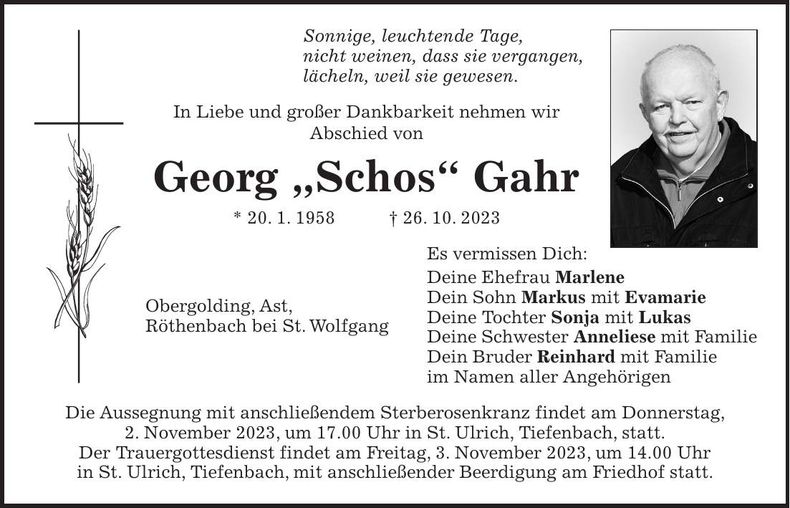Traueranzeige Georg Gahr
