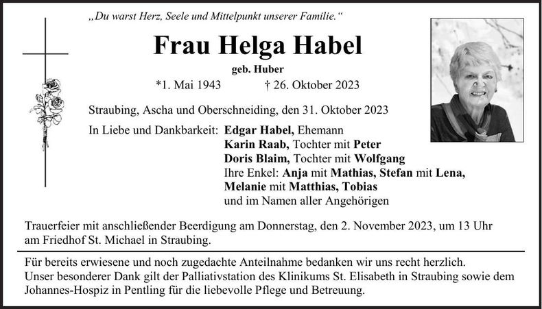 Traueranzeige Helga Habel
