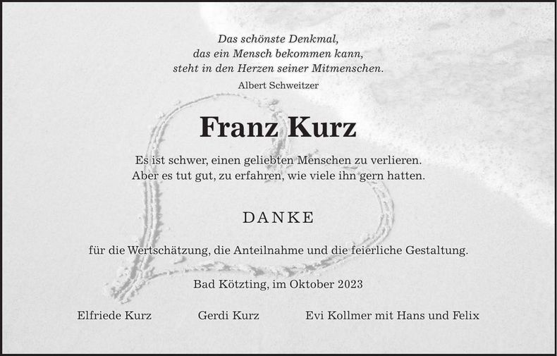 Traueranzeige Franz Kurz