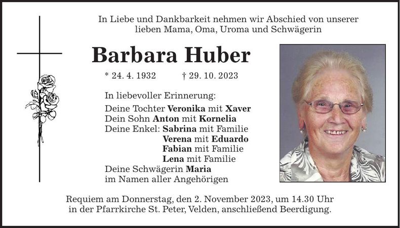 Traueranzeige Barbara Huber