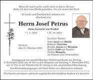 Traueranzeige Josef Petrus