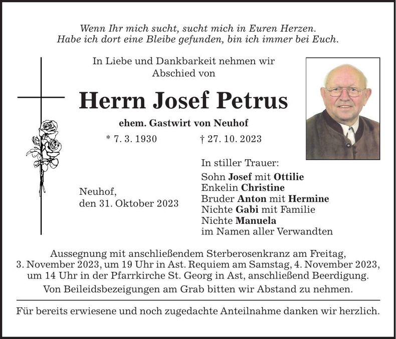 Traueranzeige Josef Petrus