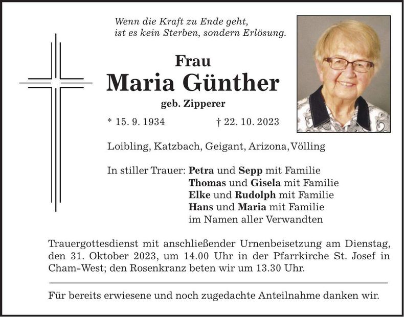 Traueranzeige Maria Günther