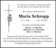 Traueranzeige Maria Schropp