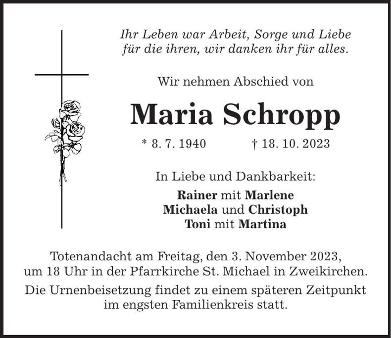 Traueranzeige Maria Schropp