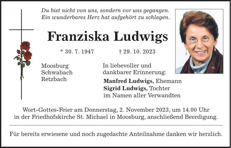 Traueranzeige Franziska Ludwigs