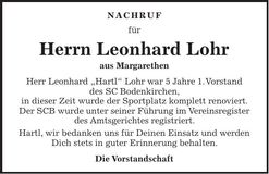 Traueranzeige Leonhard Lohr