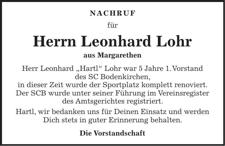 Traueranzeige Leonhard Lohr