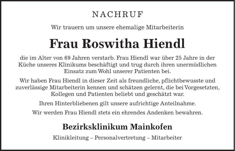 Traueranzeige Roswitha Hiendl