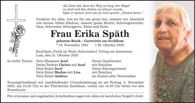 Traueranzeige Erika Späth