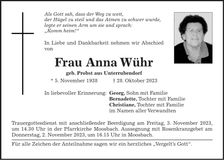 Traueranzeige Wühr Anna