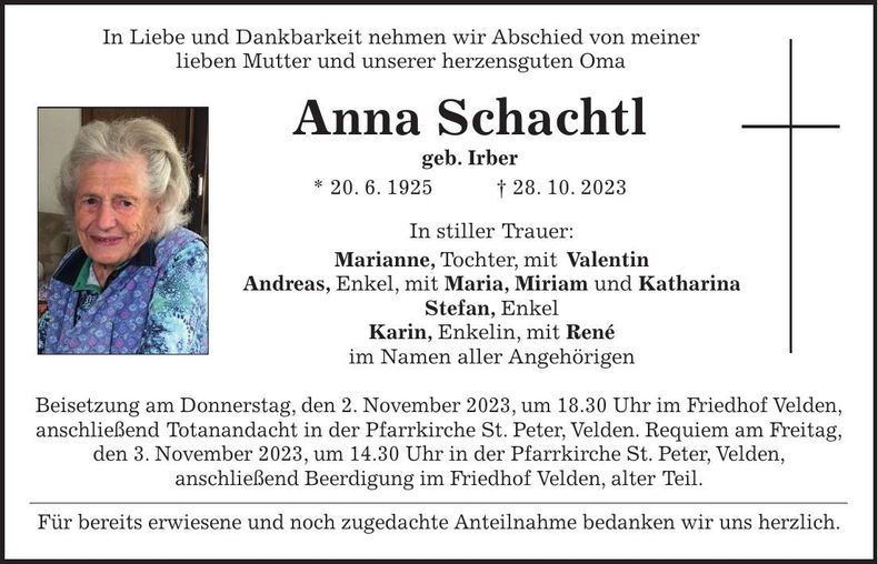 Traueranzeige Anna Schachtl