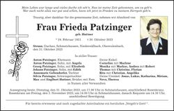 Traueranzeige Frieda Patzinger