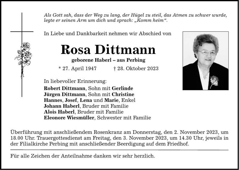 Traueranzeige Rosa Dittmann