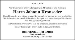 Traueranzeige Johann Kronseder