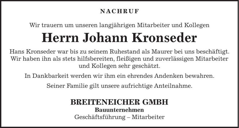 Traueranzeige Johann Kronseder