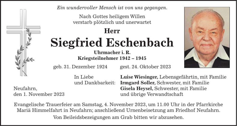 Traueranzeige Siegfried Eschenbach