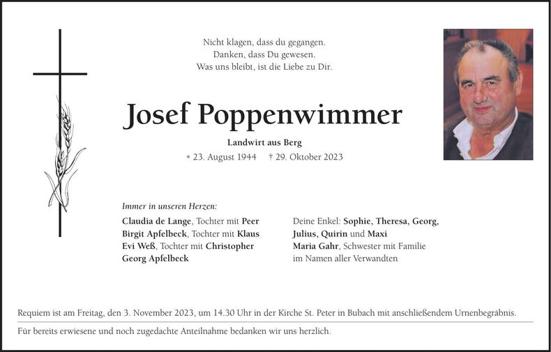 Traueranzeige Josef Poppenwimmer