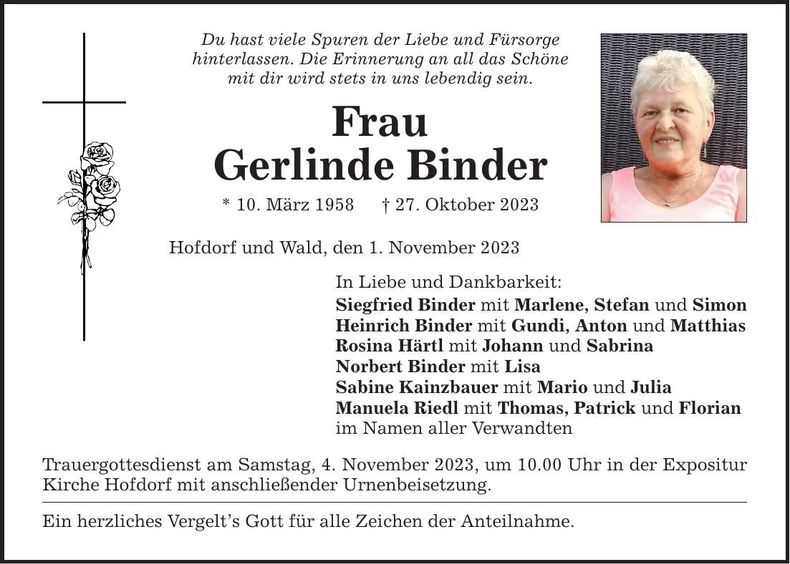 Traueranzeige Gerlinde Binder