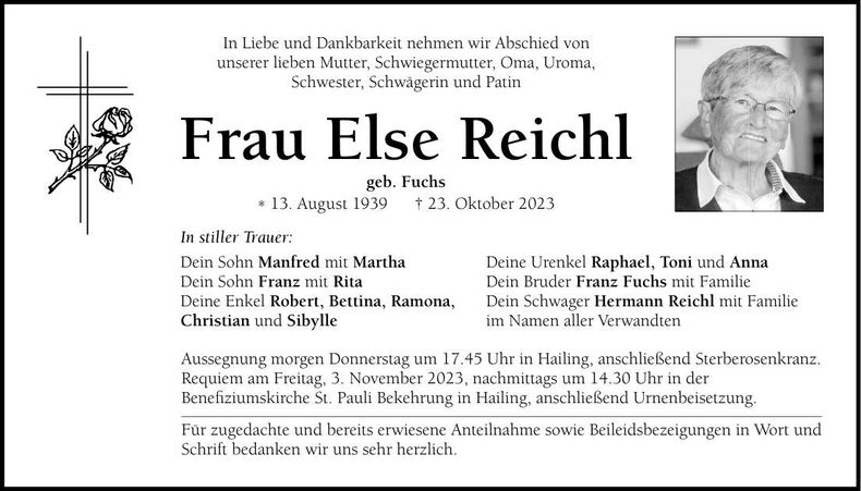 Traueranzeige Else Reichl