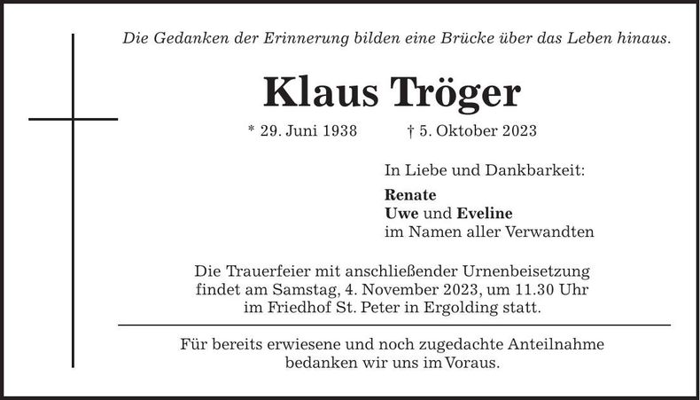 Traueranzeige Klaus Tröger