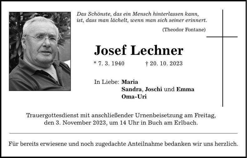 Traueranzeige Josef Lechner