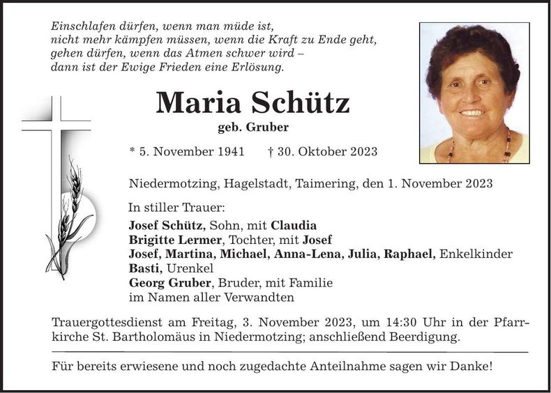 Traueranzeige Maria Schütz