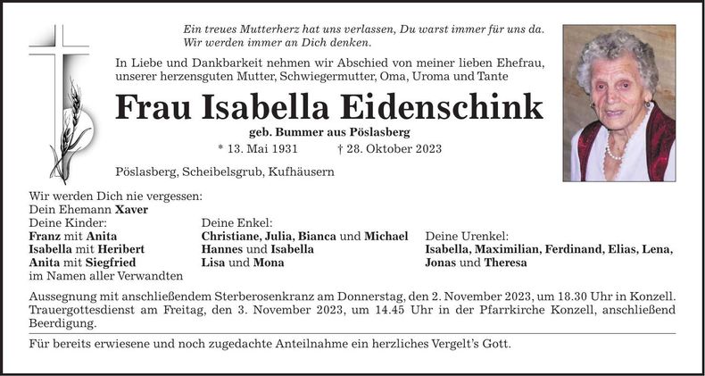 Traueranzeige Isabella Eidenschink