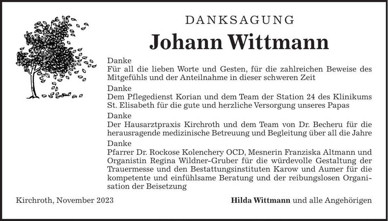 Traueranzeige Johann Wittmann
