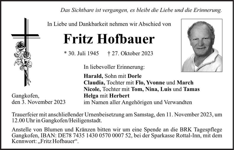 Traueranzeige Fritz Hofbauer