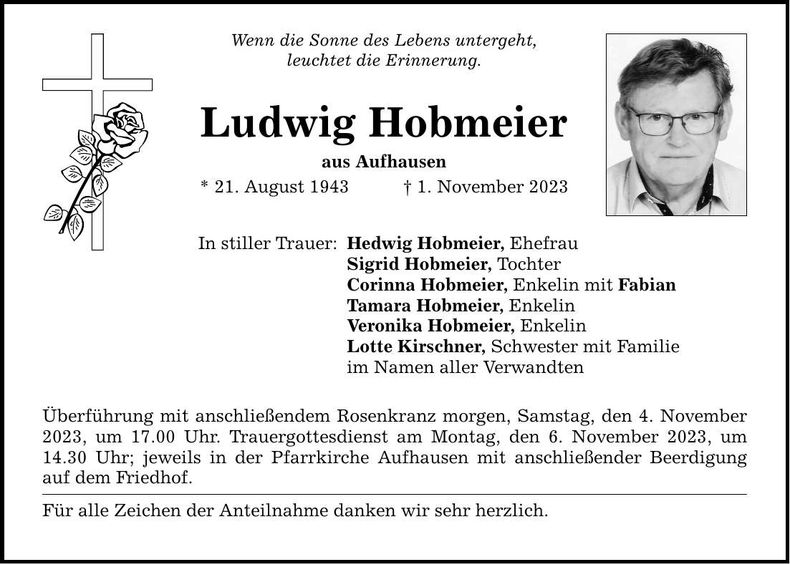 Traueranzeige Ludwig Hobmeier
