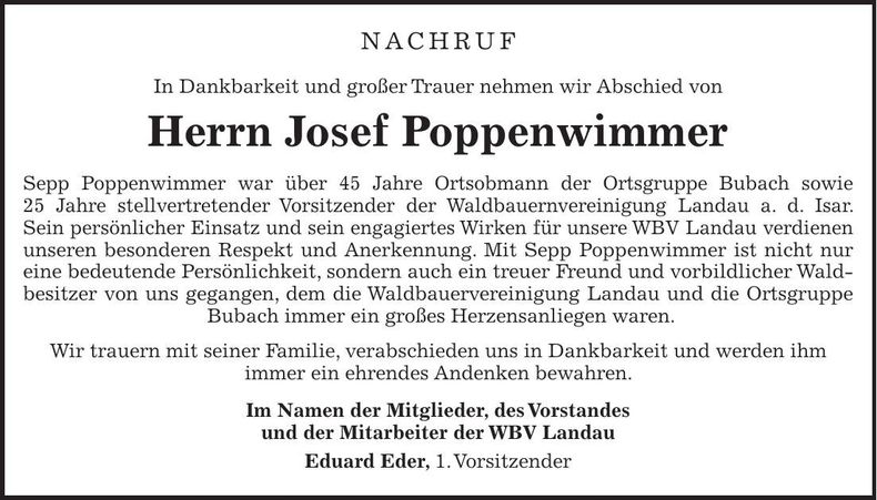 Traueranzeige Josef Poppenwimmer