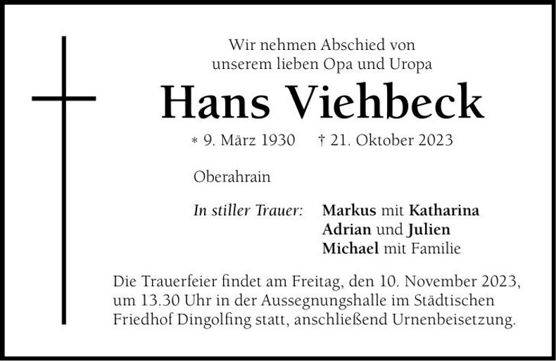 Traueranzeige Hans Viehbeck