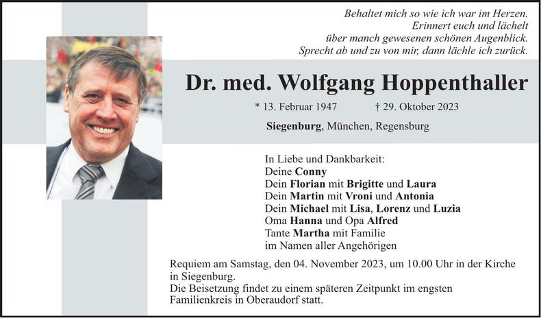 Traueranzeige Wolfgang Hoppenthaller